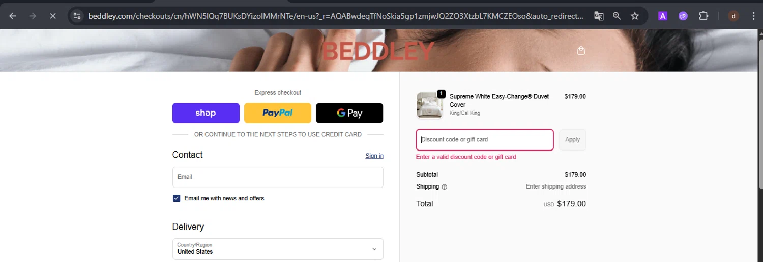 Beddley promo code screenshot showing code FAREWELL50 applied at Beddley checkout page. Uploaded by SimplyCodes community member VoucherSpotter9376 on Nov 27, 2025