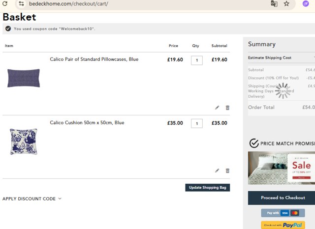 Bedeck checkout page showing Bedeck discount code box | Screenshot taken by SimplyCodes community member on Jun 17, 2025