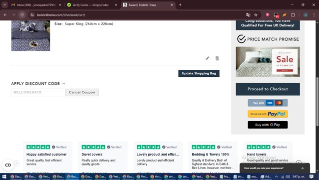 Bedeck checkout page showing Bedeck discount code box | Screenshot taken by SimplyCodes community member on Jun 27, 2025