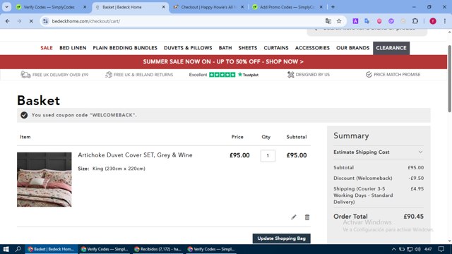 Bedeck checkout page showing Bedeck discount code box | Screenshot taken by SimplyCodes community member on Jun 17, 2025