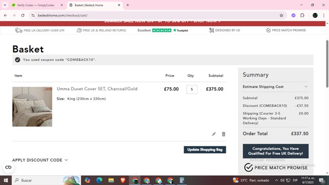 Bedeck checkout page showing Bedeck discount code box | Screenshot taken by SimplyCodes community member on Jul 8, 2025