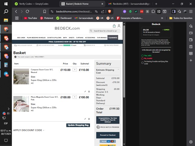 Bedeck checkout page showing Bedeck discount code box | Screenshot taken by SimplyCodes community member on Jul 30, 2025
