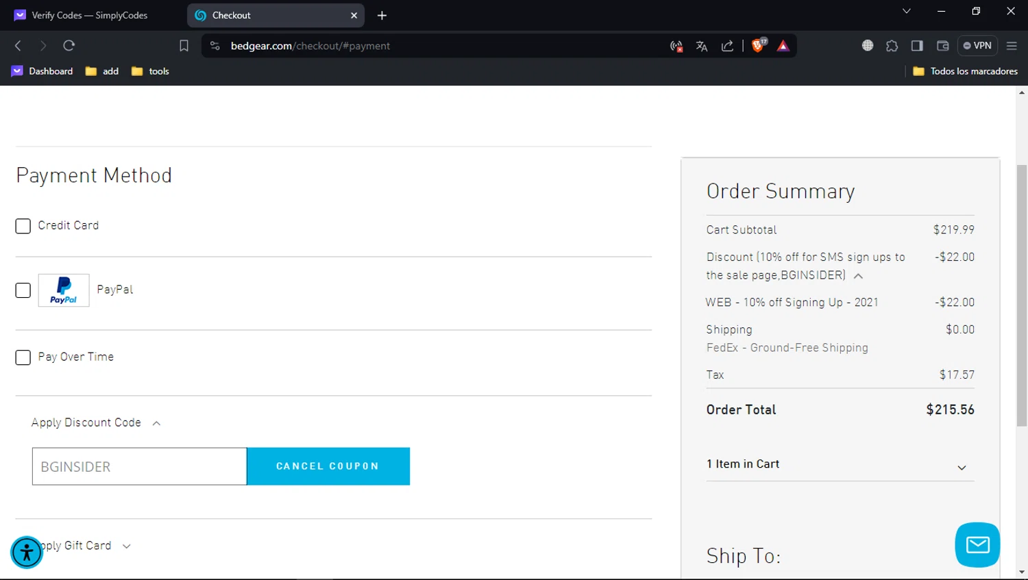 where to use Bedgear promo code box