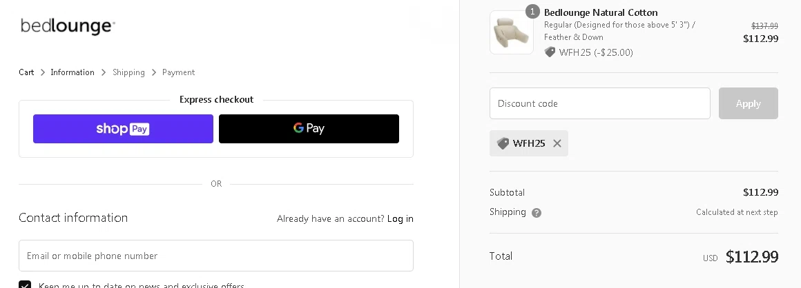 Bed Lounge checkout page showing Bed Lounge promo code box | Screenshot taken by SimplyCodes community member on Aug 15, 2020