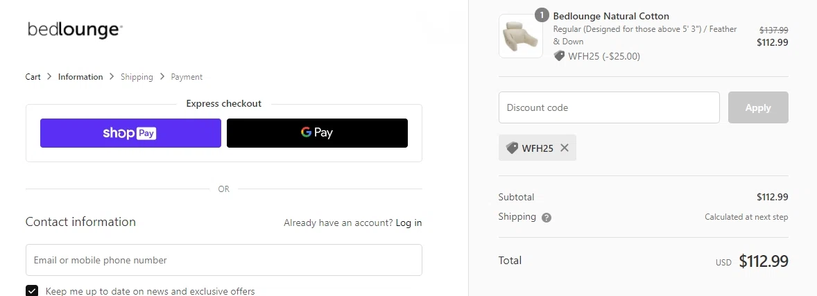 Bed Lounge checkout page showing Bed Lounge promo code box | Screenshot taken by SimplyCodes community member on Nov 3, 2020