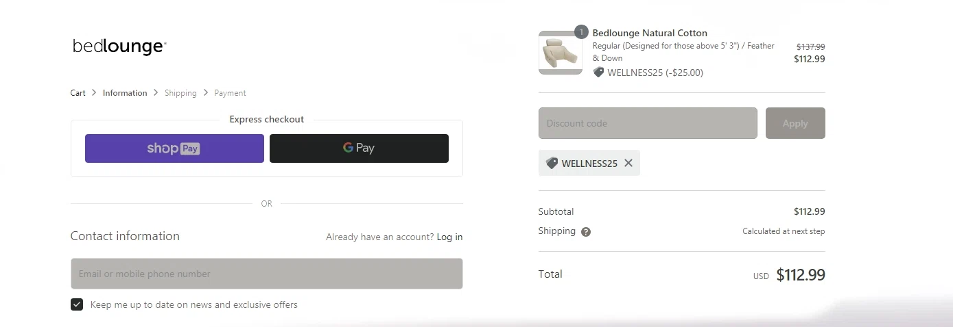 Bed Lounge checkout page showing Bed Lounge promo code box | Screenshot taken by SimplyCodes community member on Feb 12, 2021