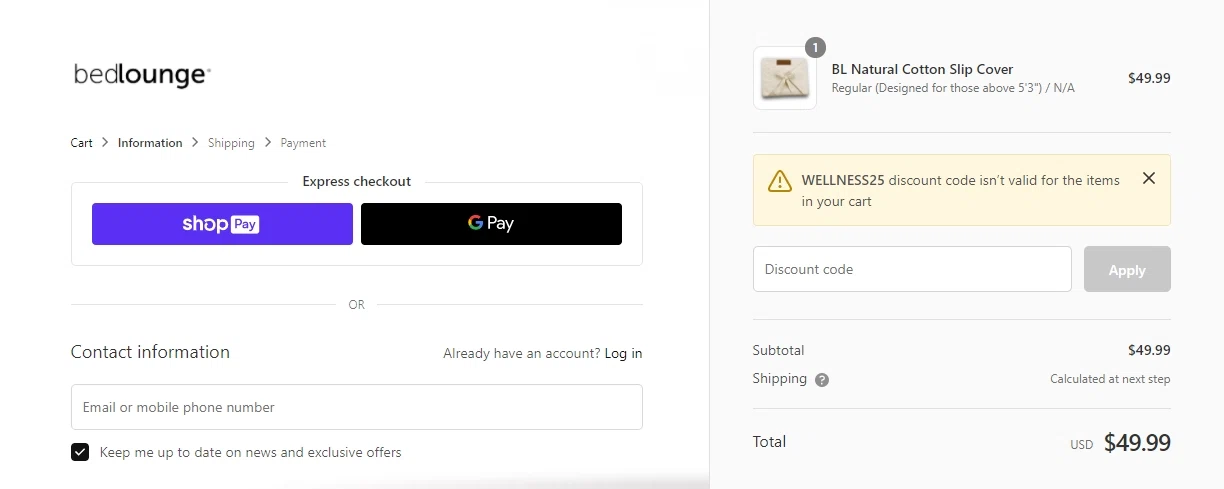 Bed Lounge checkout page showing Bed Lounge promo code box | Screenshot taken by SimplyCodes community member on Dec 3, 2020