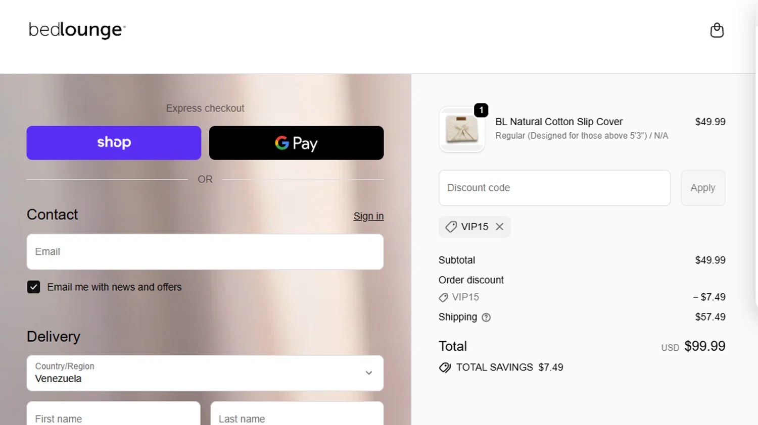 Bed Lounge promo code screenshot showing code VIP15 applied at Bed Lounge checkout page. Uploaded by SimplyCodes community member eithanmilas on Nov 14, 2025