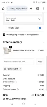 RECHARGE15 coupon verification screenshot