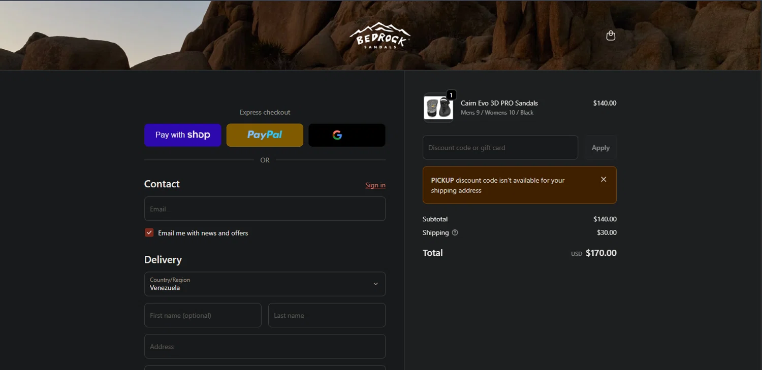 Bedrock Sandals checkout page showing Bedrock Sandals discount code box | Screenshot taken by SimplyCodes community member on Jan 12, 2026