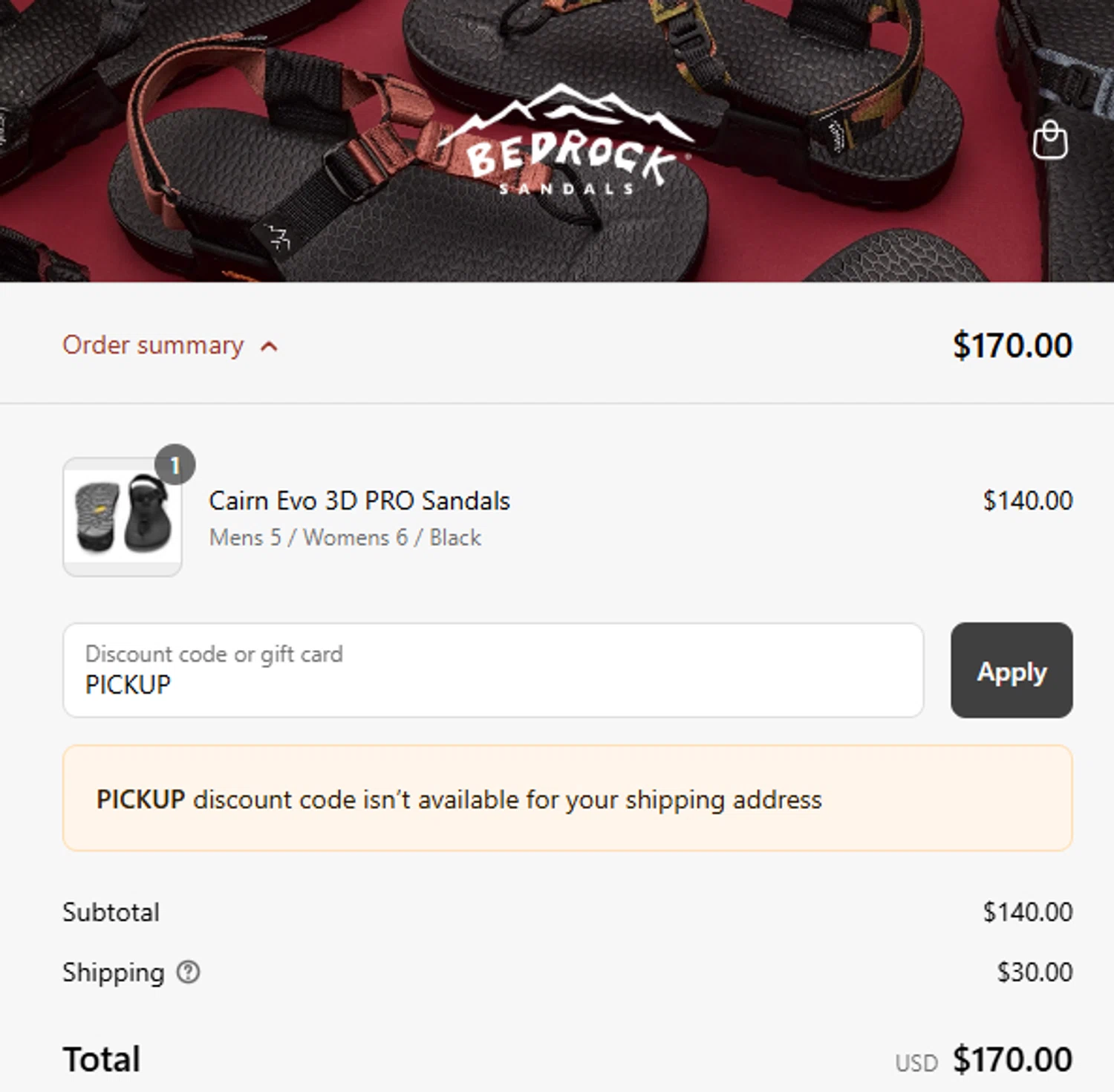 Bedrock Sandals discount code screenshot showing code PICKUP applied at Bedrock Sandals checkout page. Uploaded by SimplyCodes community member PrimeMaven3104 on Jul 4, 2025