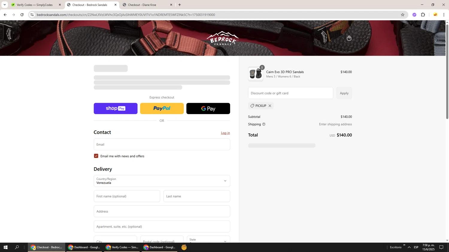 Bedrock Sandals discount code screenshot showing code PICKUP applied at Bedrock Sandals checkout page. Uploaded by SimplyCodes community member Richard251 on Jun 16, 2025