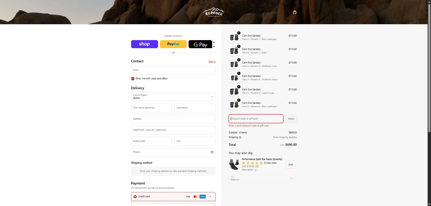 Bedrock Sandals discount code screenshot showing code BUILTWITHPURPOSE applied at Bedrock Sandals checkout page. Uploaded by SimplyCodes community member SavvyCollector7681 on Feb 10, 2026