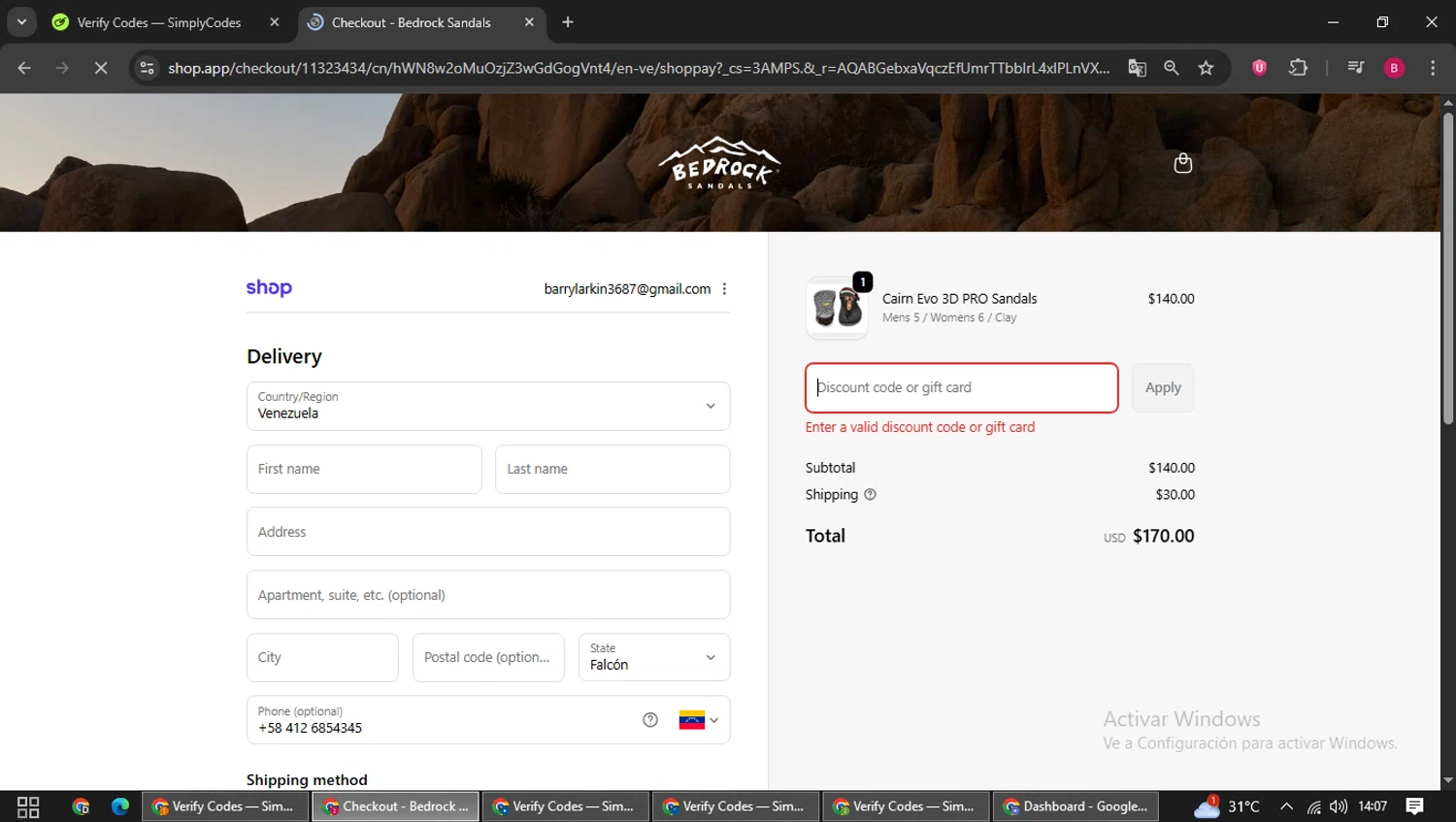 Bedrock Sandals discount code screenshot showing code BUILTWITHPURPOSE applied at Bedrock Sandals checkout page. Uploaded by SimplyCodes community member SwiftSage1747 on Feb 18, 2026