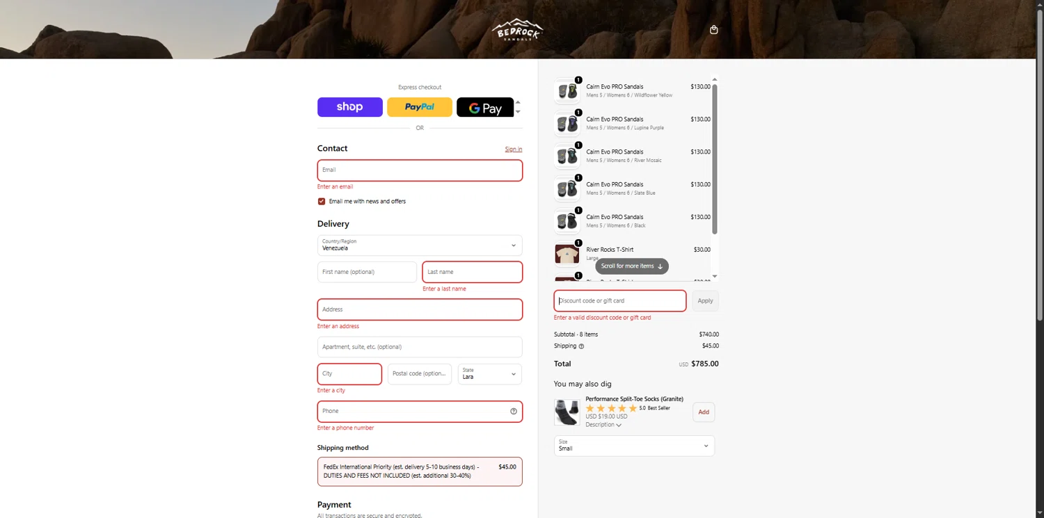 Bedrock Sandals discount code screenshot showing code BUILTWITHPURPOSE applied at Bedrock Sandals checkout page. Uploaded by SimplyCodes community member TreasureScholar8716 on Feb 13, 2026