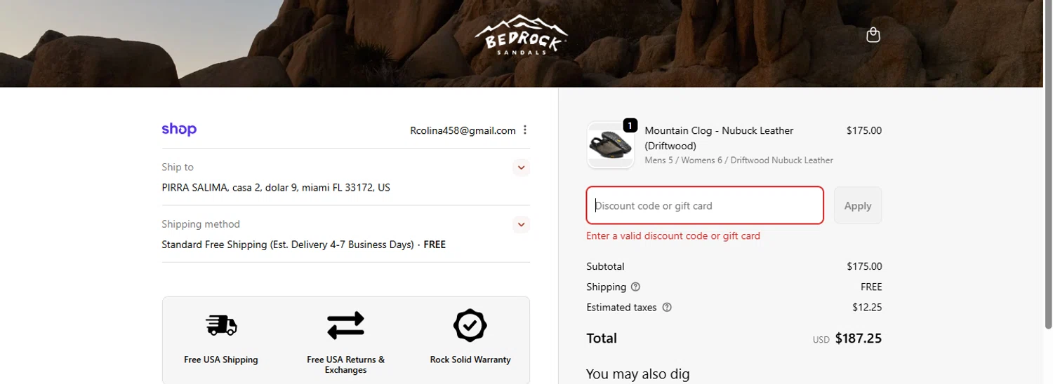 Bedrock Sandals discount code screenshot showing code HOLIDAY15 applied at Bedrock Sandals checkout page. Uploaded by SimplyCodes community member MightyMaven4946 on Dec 7, 2025