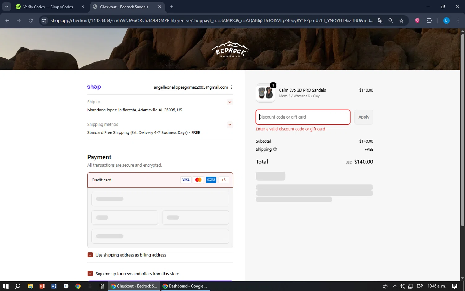 Bedrock Sandals discount code screenshot showing code HOLIDAY15 applied at Bedrock Sandals checkout page. Uploaded by SimplyCodes community member bilijr on Dec 7, 2025