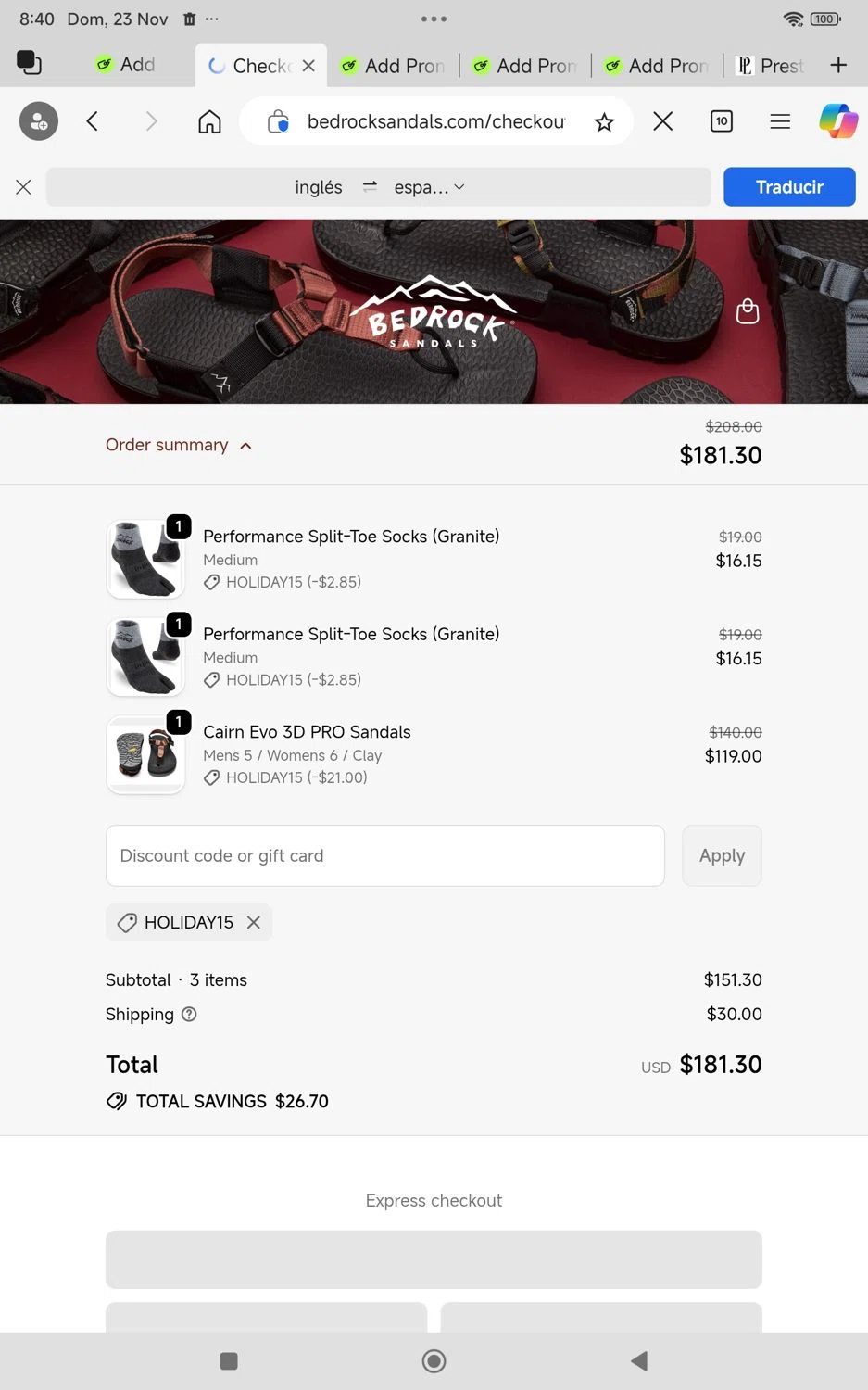 Bedrock Sandals discount code screenshot showing code HOLIDAY15 applied at Bedrock Sandals checkout page. Uploaded by SimplyCodes community member KarinaHZ on Nov 23, 2025