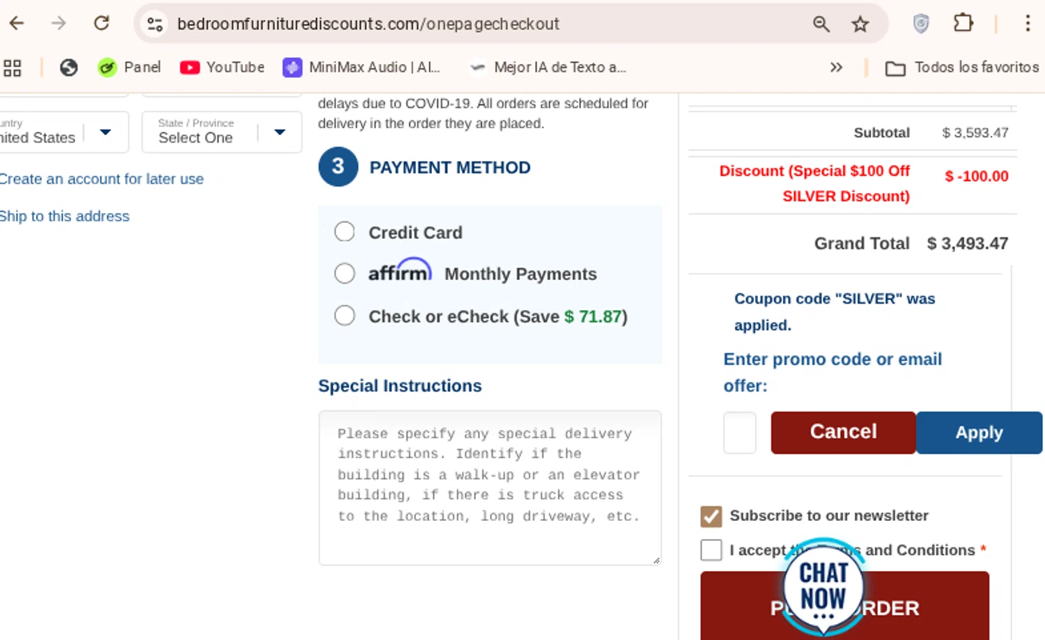 Bedroom Furniture Discounts promo code screenshot showing code SILVER applied at Bedroom Furniture Discounts checkout page. Uploaded by SimplyCodes community member Mosue17 on Nov 5, 2025