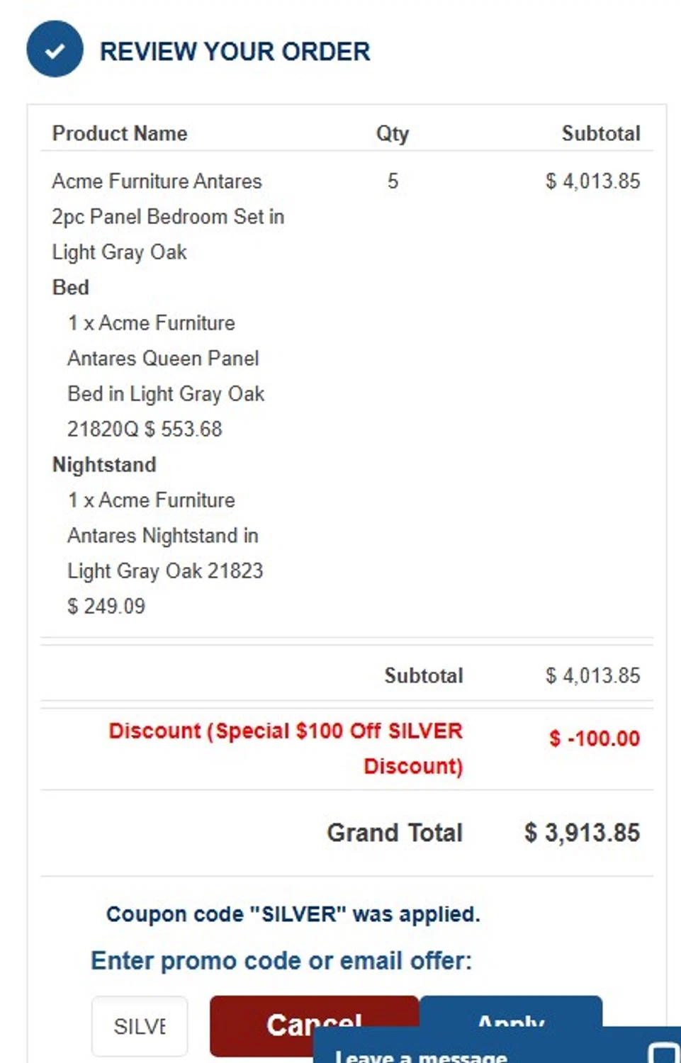 Bedroom Furniture Discounts checkout page showing Bedroom Furniture Discounts promo code box | Screenshot taken by SimplyCodes community member on Mar 31, 2024