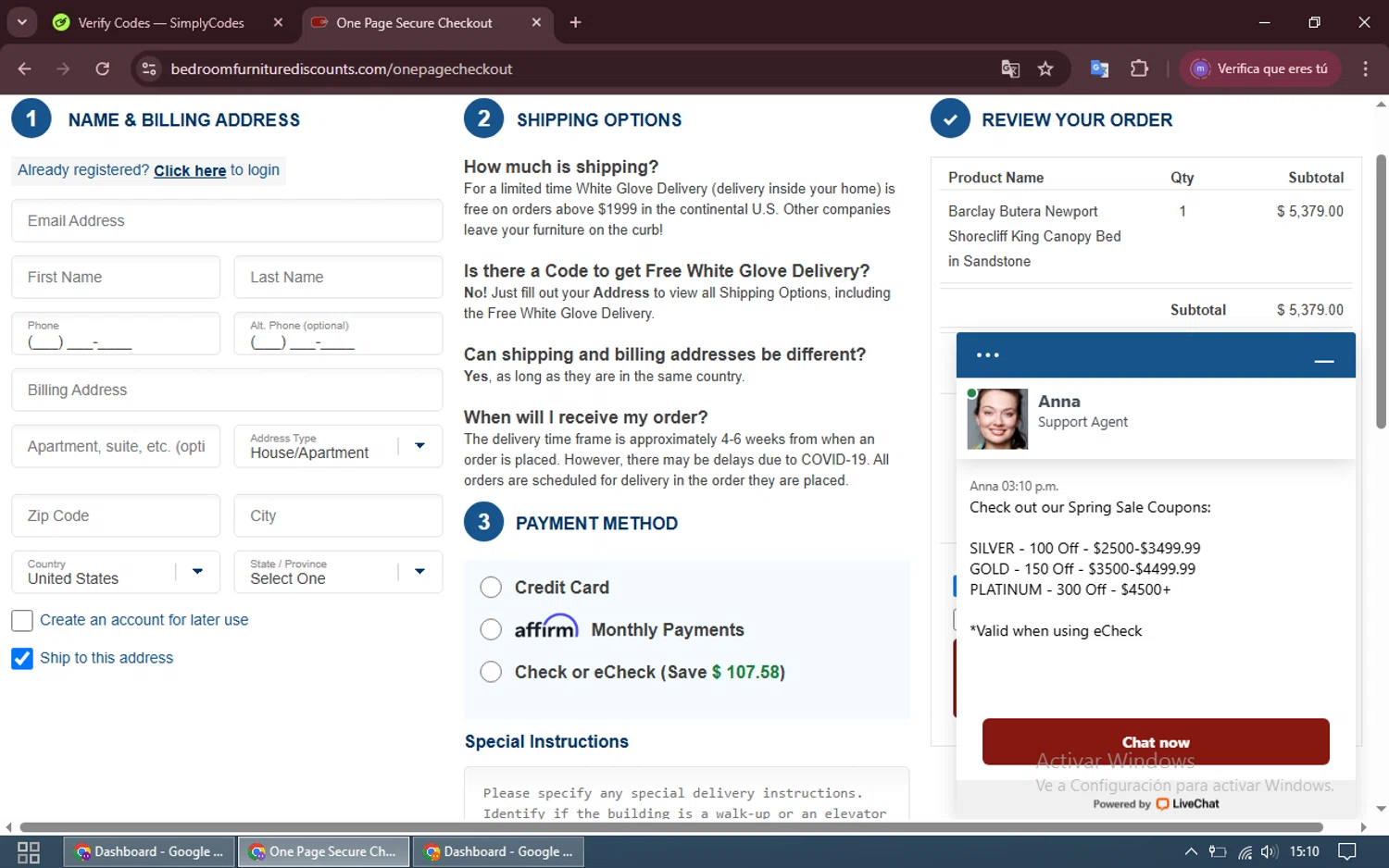 Bedroom Furniture Discounts promo code screenshot showing code PLATINUM applied at Bedroom Furniture Discounts checkout page. Uploaded by SimplyCodes community member WiseCurator3690 on Mar 20, 2025