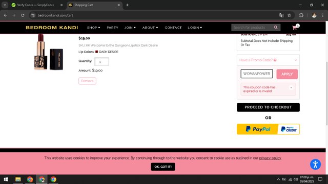 Bedroom Kandi checkout page showing Bedroom Kandi coupon code box | Screenshot taken by SimplyCodes community member on Apr 5, 2025