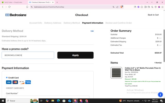 Bedrosians checkout page showing Bedrosians promo code box | Screenshot taken by SimplyCodes community member on May 29, 2025