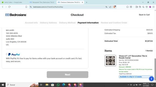 Bedrosians checkout page showing Bedrosians promo code box | Screenshot taken by SimplyCodes community member on Jul 22, 2025