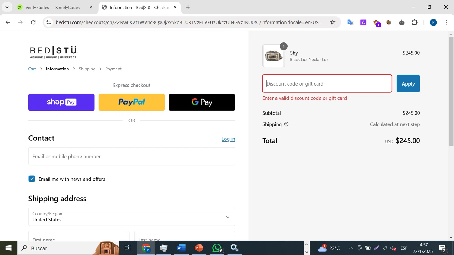 Bed|Stu discount code screenshot showing code HELLOD8ZRC7B9 applied at Bed|Stu checkout page. Uploaded by SimplyCodes community member BrilliantMaven4588 on Jan 22, 2025
