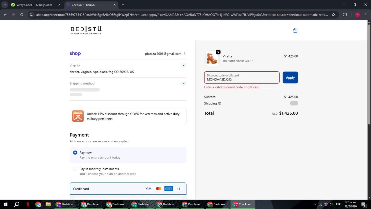 Bed|Stu discount code screenshot showing code MONDAYu0027SD.O.D. applied at Bed|Stu checkout page. Uploaded by SimplyCodes community member BMWGS1200 on Feb 12, 2026
