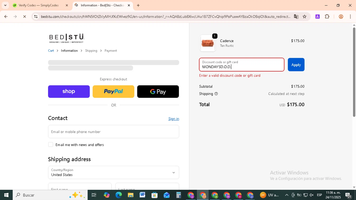 Bed|Stu discount code screenshot showing code MONDAYu0027SD.O.D. applied at Bed|Stu checkout page. Uploaded by SimplyCodes community member RebateCollector5909 on Nov 24, 2025