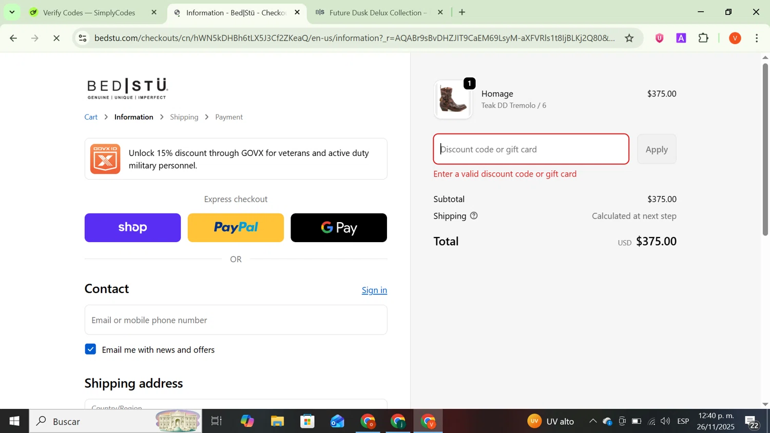 Bed|Stu discount code screenshot showing code DOD applied at Bed|Stu checkout page. Uploaded by SimplyCodes community member SavingsCaptain8190 on Nov 26, 2025