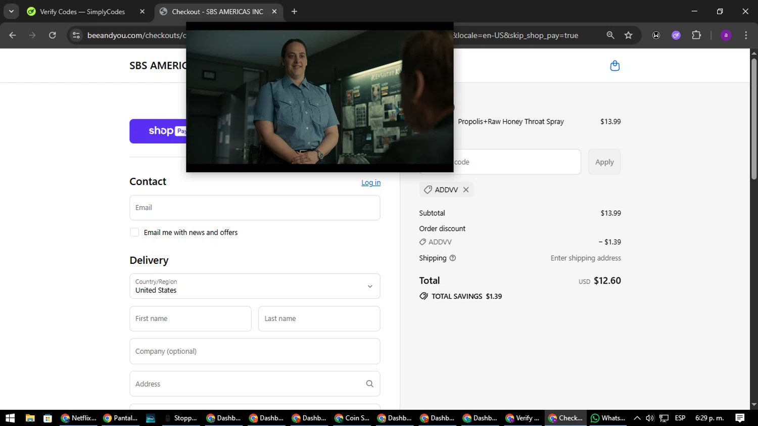 Bee&You promo code screenshot showing code addvv applied at Bee&You checkout page. Uploaded by SimplyCodes community member CoinElite8997 on Aug 26, 2025