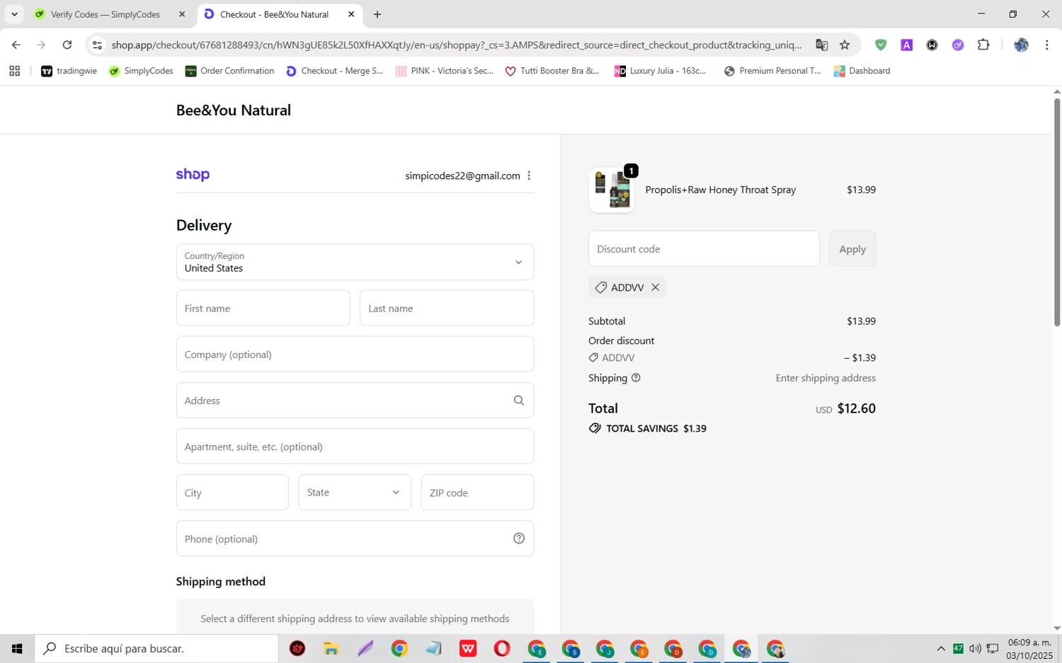 Bee&You promo code screenshot showing code addvv applied at Bee&You checkout page. Uploaded by SimplyCodes community member JoseH45 on Oct 3, 2025