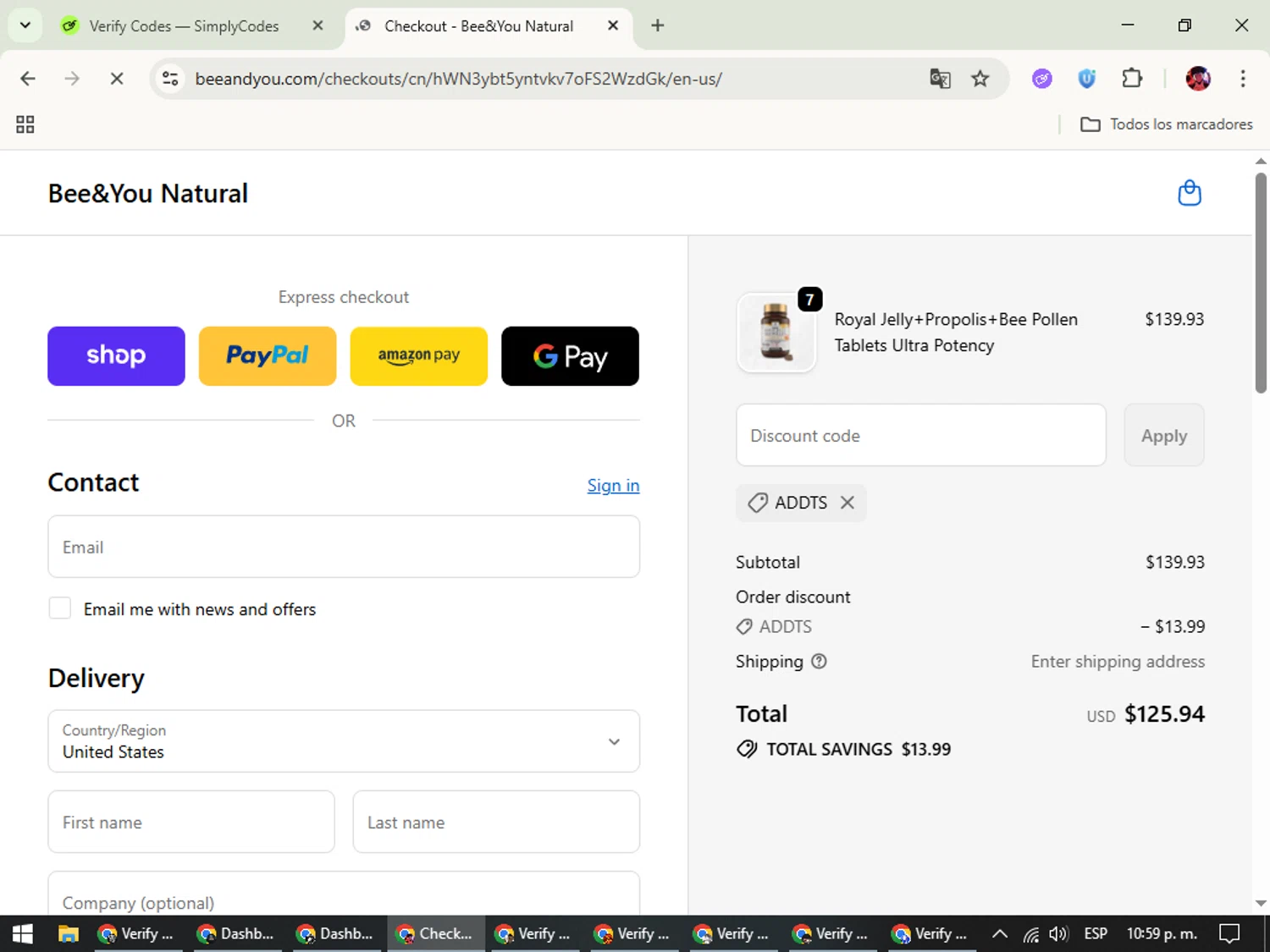 Bee&You promo code screenshot showing code addts applied at Bee&You checkout page. Uploaded by SimplyCodes community member SavingsEagle5772 on Oct 11, 2025