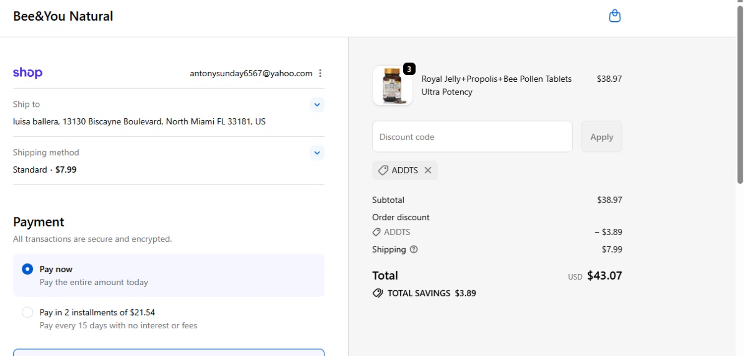Bee&You promo code screenshot showing code addts applied at Bee&You checkout page. Uploaded by SimplyCodes community member luisaballera on Nov 30, 2025