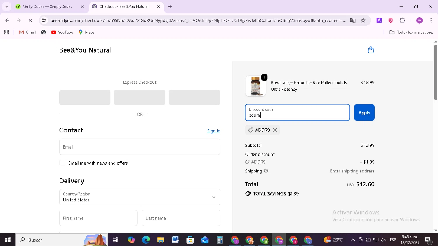 Bee&You promo code screenshot showing code addr9 applied at Bee&You checkout page. Uploaded by SimplyCodes community member BudgetMonarch8952 on Dec 18, 2025