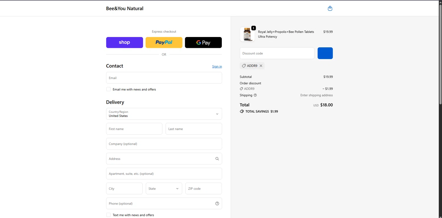 Bee&You promo code screenshot showing code addr9 applied at Bee&You checkout page. Uploaded by SimplyCodes community member Carlosramirez09 on Jan 3, 2026