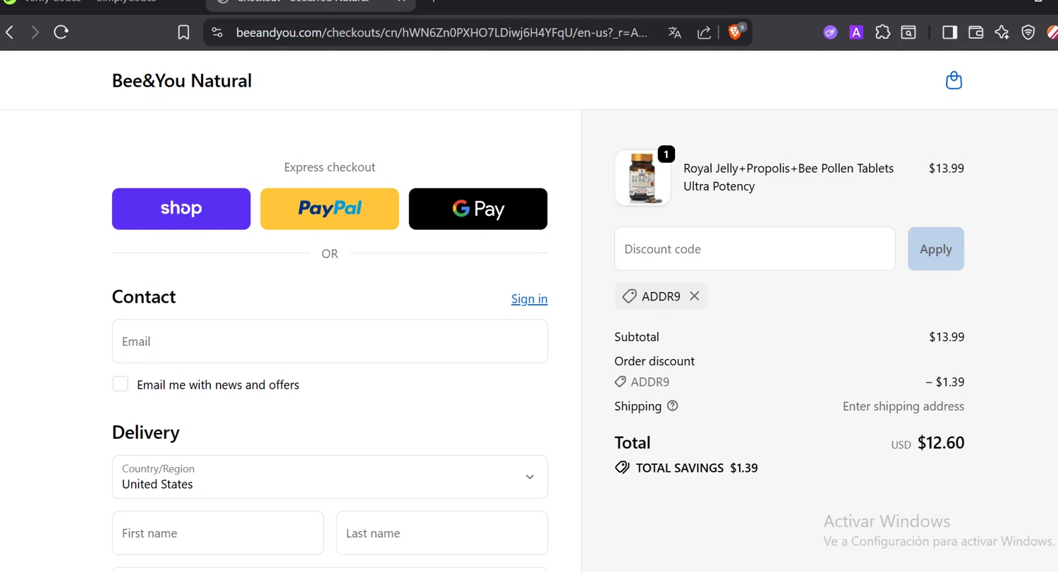 Bee&You promo code screenshot showing code addr9 applied at Bee&You checkout page. Uploaded by SimplyCodes community member CoinOwl5103 on Dec 18, 2025