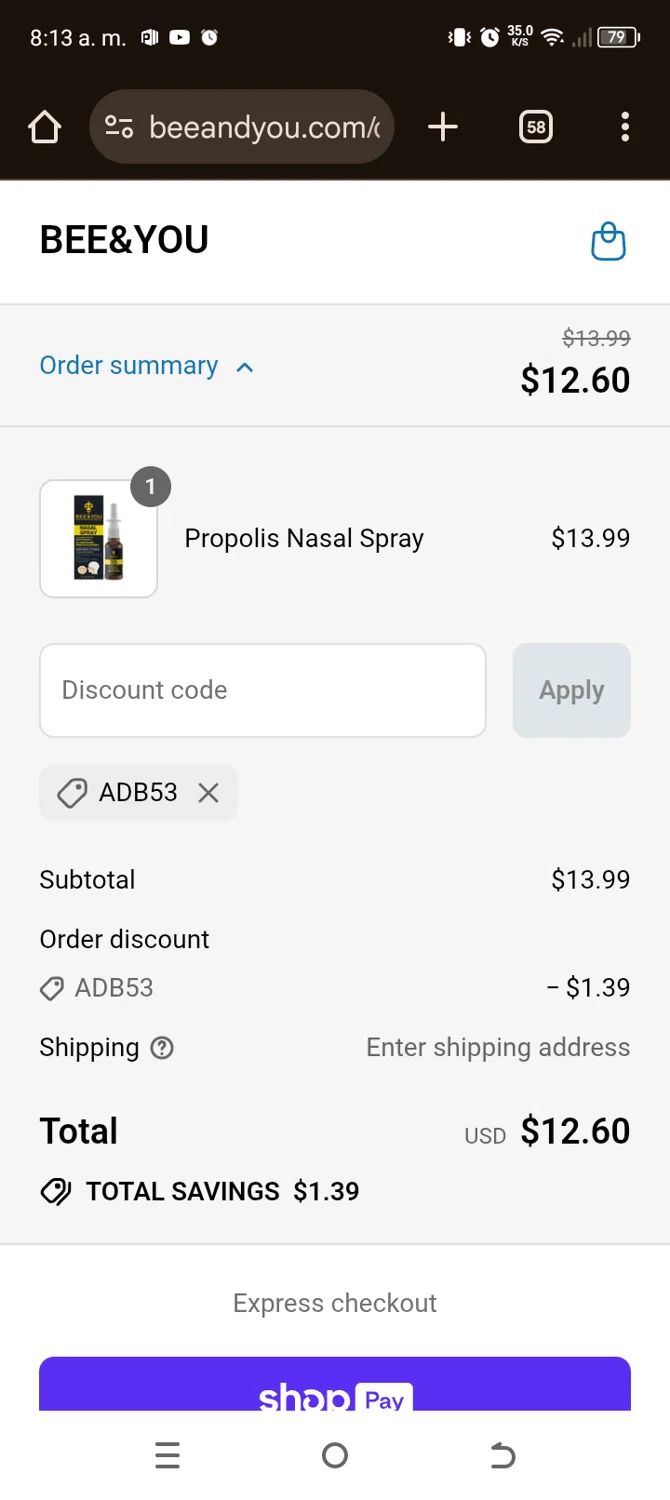 Bee&You promo code screenshot showing code ADB53 applied at Bee&You checkout page. Uploaded by SimplyCodes community member BonusChaser4306 on Aug 12, 2025