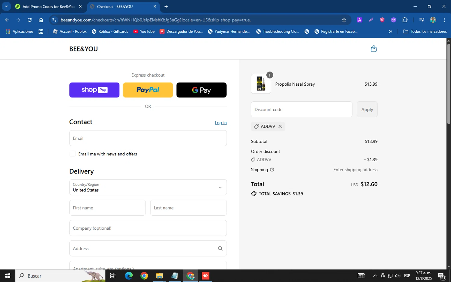Bee&You promo code screenshot showing code addvv applied at Bee&You checkout page. Uploaded by SimplyCodes community member XemoGOD on Aug 12, 2025