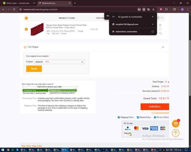 Beebeecraft checkout page showing Beebeecraft coupon code box | Screenshot taken by SimplyCodes community member on Sep 9, 2025