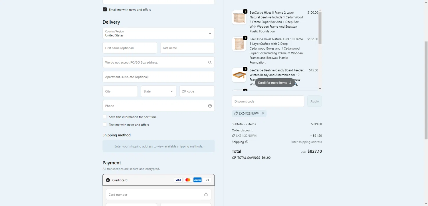 BeeCastle Beekeeping Supplies promo code screenshot showing code LXZ-K22NUW4 applied at BeeCastle Beekeeping Supplies checkout page. Uploaded by SimplyCodes community member CleverHawk1744 on Dec 29, 2025