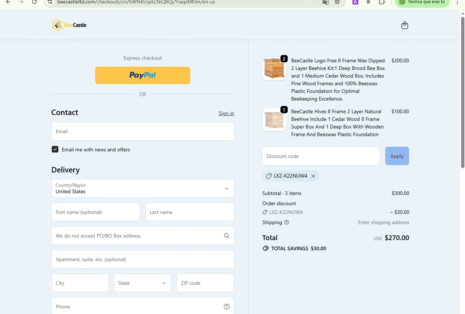 BeeCastle Beekeeping Supplies promo code screenshot showing code LXZ-K22NUW4 applied at BeeCastle Beekeeping Supplies checkout page. Uploaded by SimplyCodes community member Fish3r on Oct 23, 2025