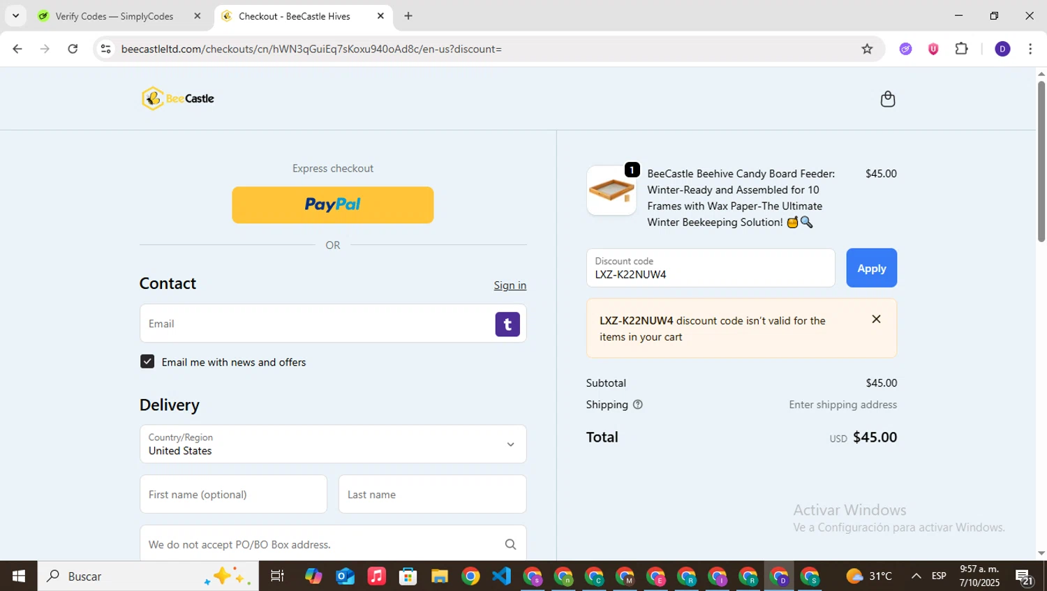BeeCastle Beekeeping Supplies promo code screenshot showing code LXZ-K22NUW4 applied at BeeCastle Beekeeping Supplies checkout page. Uploaded by SimplyCodes community member PrimeNavigator3251 on Oct 7, 2025