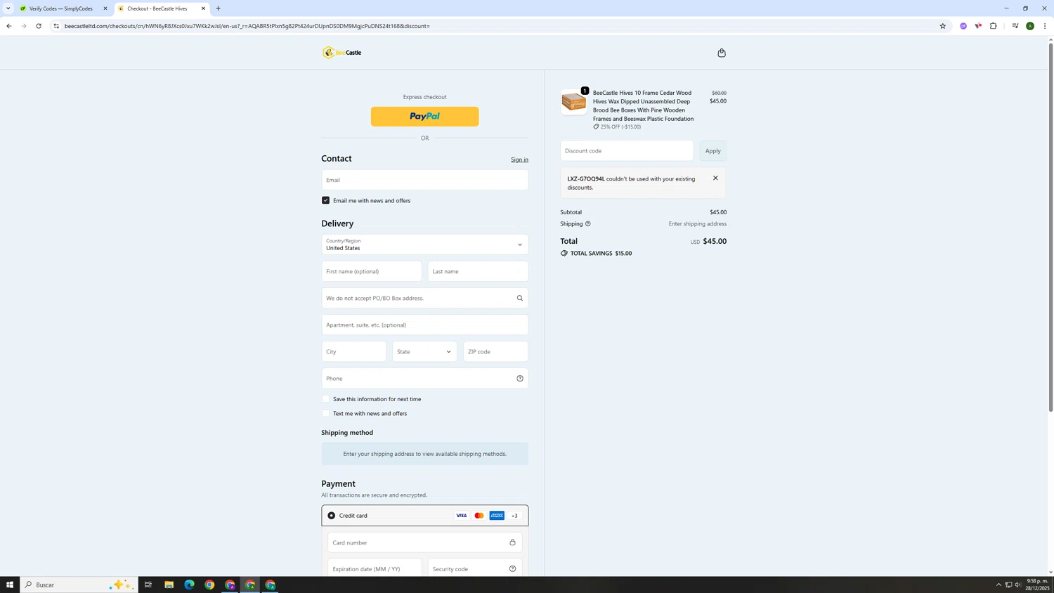 BeeCastle Beekeeping Supplies promo code screenshot showing code LXZ-G7OQ94L applied at BeeCastle Beekeeping Supplies checkout page. Uploaded by SimplyCodes community member AnthonyGTX on Dec 29, 2025