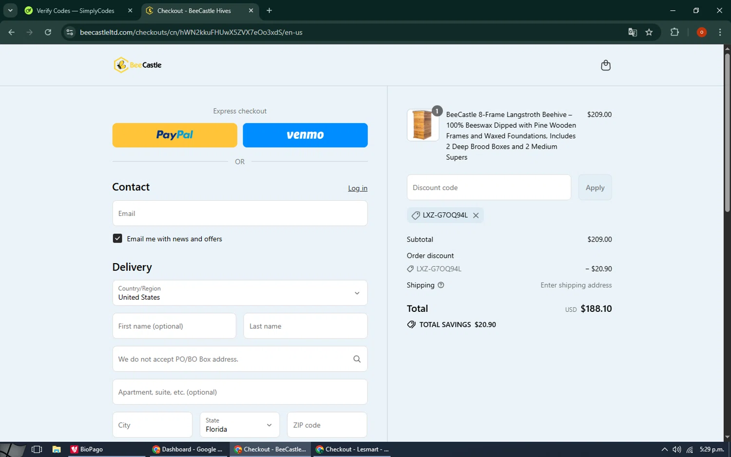 BeeCastle Beekeeping Supplies promo code screenshot showing code LXZ-G7OQ94L applied at BeeCastle Beekeeping Supplies checkout page. Uploaded by SimplyCodes community member CashAdmiral6490 on Sep 8, 2025