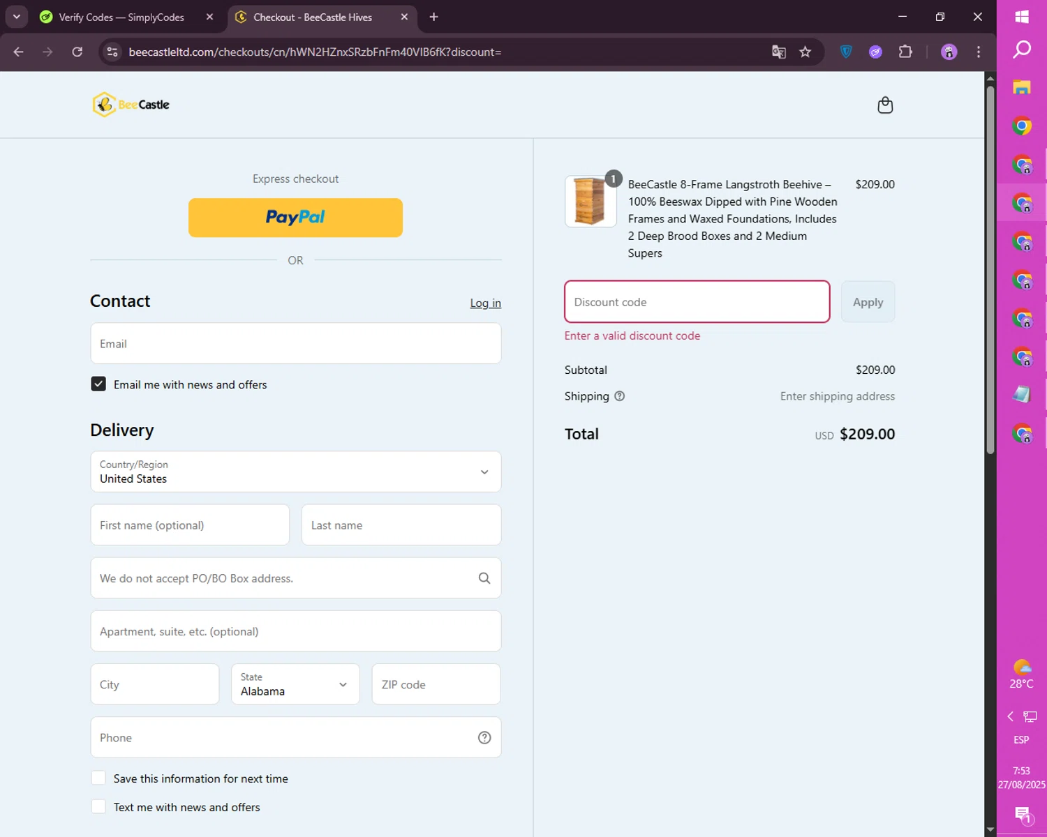 BeeCastle Beekeeping Supplies promo code screenshot showing code X923 applied at BeeCastle Beekeeping Supplies checkout page. Uploaded by SimplyCodes community member CashSaver4711 on Aug 27, 2025