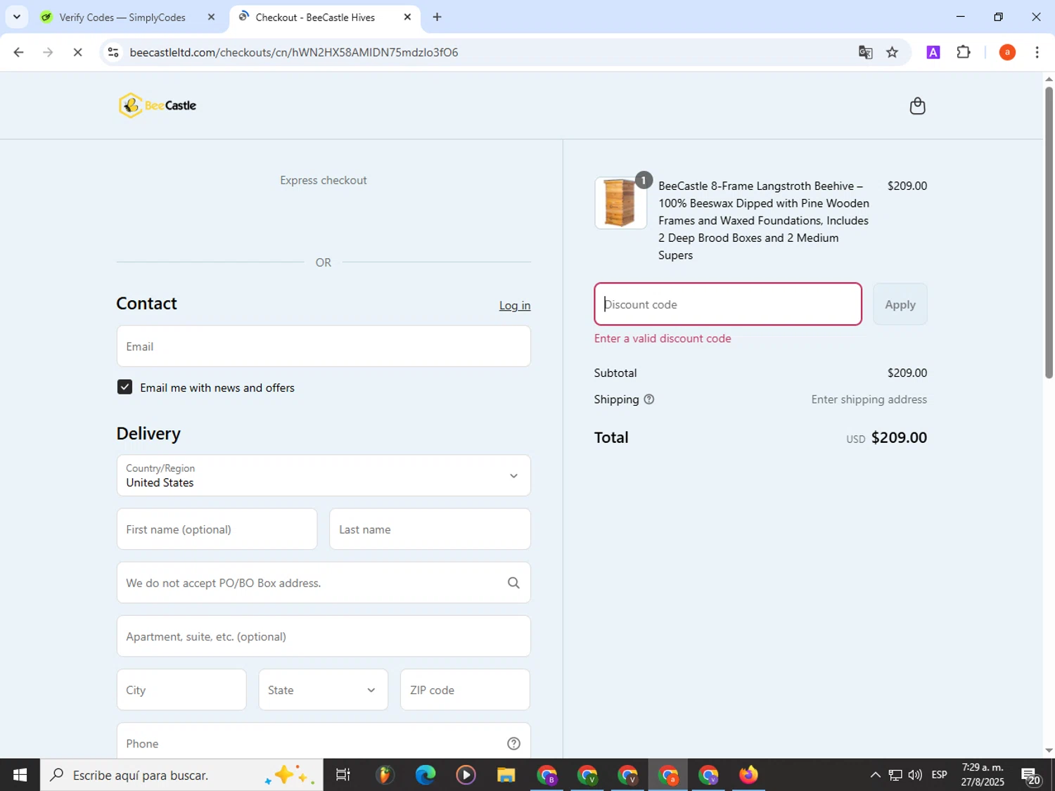 BeeCastle Beekeeping Supplies promo code screenshot showing code X923 applied at BeeCastle Beekeeping Supplies checkout page. Uploaded by SimplyCodes community member partenalgas on Aug 27, 2025