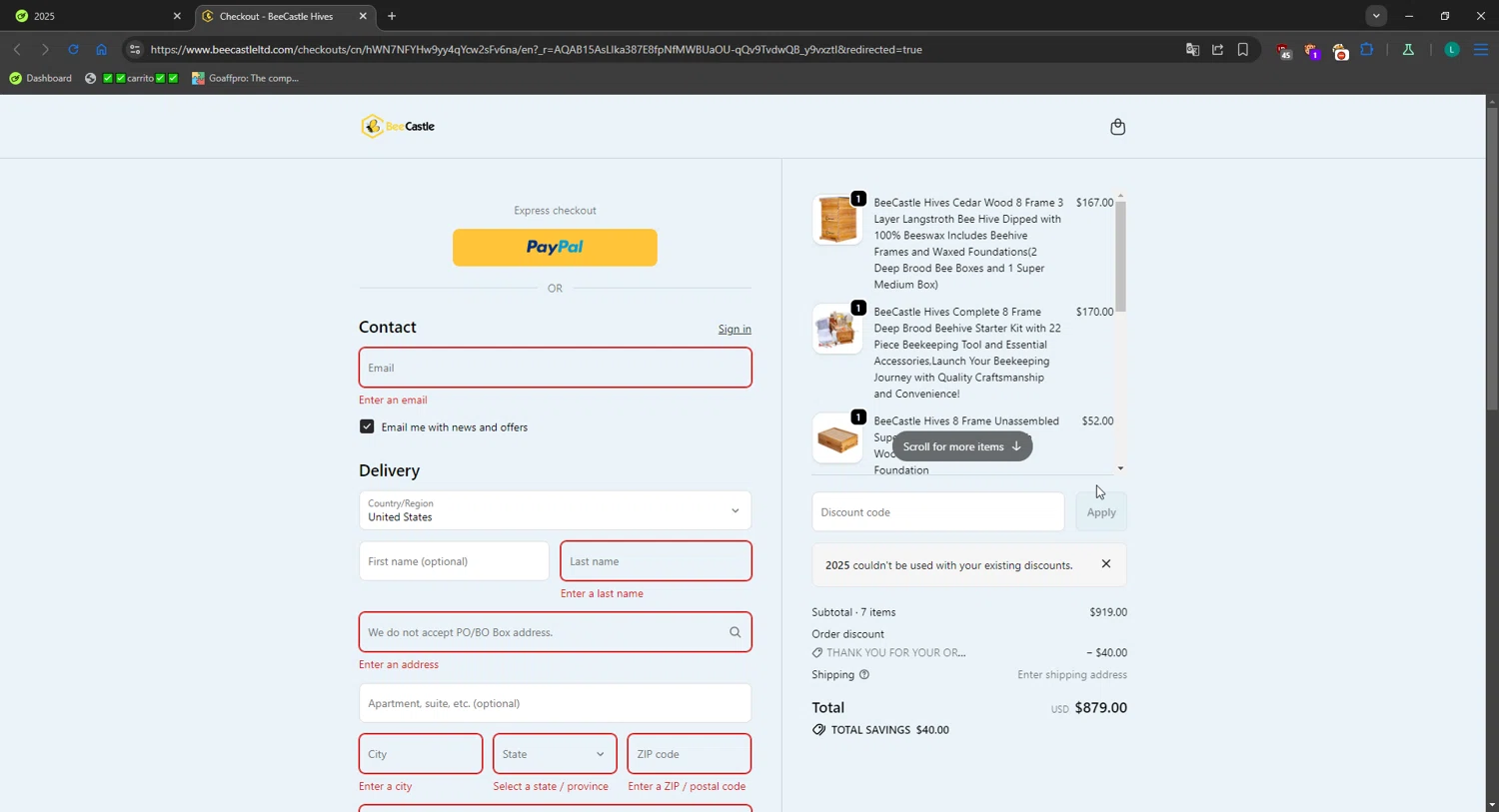 BeeCastle Beekeeping Supplies promo code screenshot showing code 2025 applied at BeeCastle Beekeeping Supplies checkout page. Uploaded by SimplyCodes community member CrownBoss2710 on Jan 8, 2026